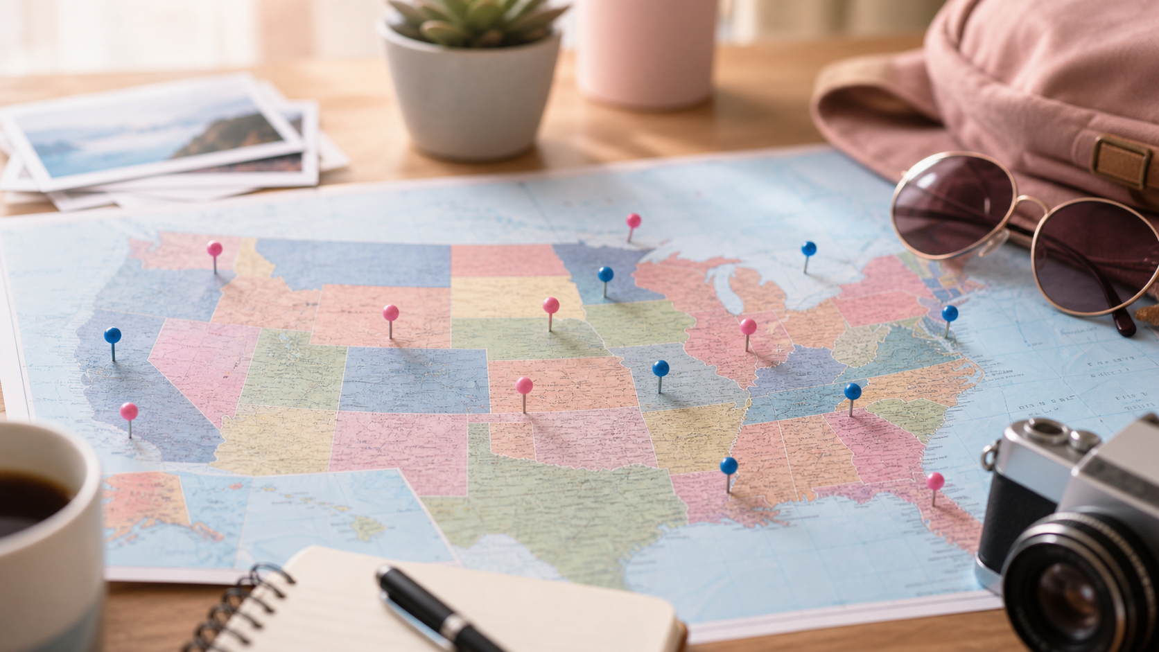 Travel map with location pins for more state guides